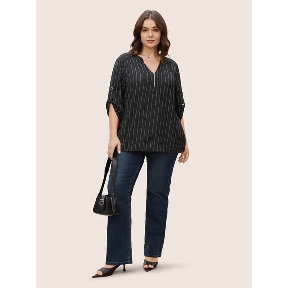 BloomChic Tops - Striped Half Zip Tab Sleeve Blouse Size 2x NWT